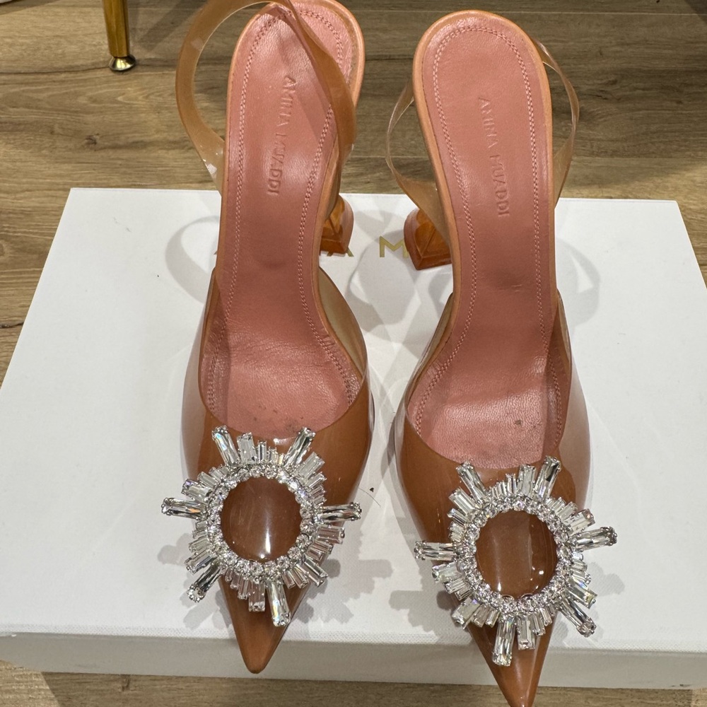 Amina Muaddi Tan and Silver Heels with Crystal Embellishment